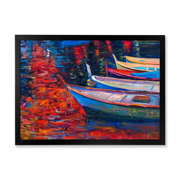 Boats During Warm Sunset Resting On The Water IX 40 in x 30 in Framed Painting Canvas Art Print, by Designart