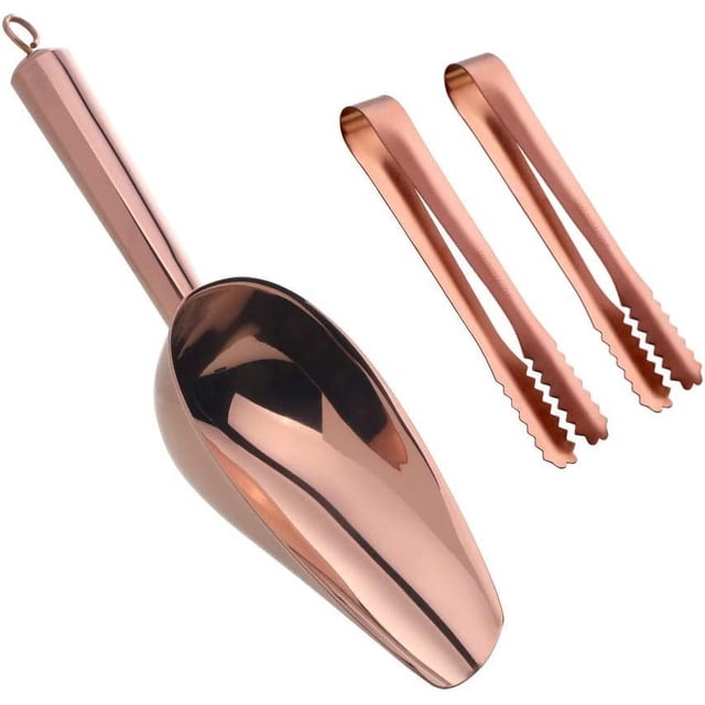 Stainless Steel Ice Scoop and Ice Tongs Small, Round Bottom Bar Ice Utility Scoop, 6 Inches Serving Tongs with Teeth for Large Cubes, Freezer, Ice Bucket Copper, Set of 3 (Rose Gold)