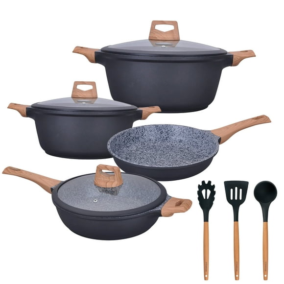 Batería de Cocina Kochstelle 7 Piezas con Antiadherente de Mármol mas 3 Palas de Silicona Kochstelle Wood