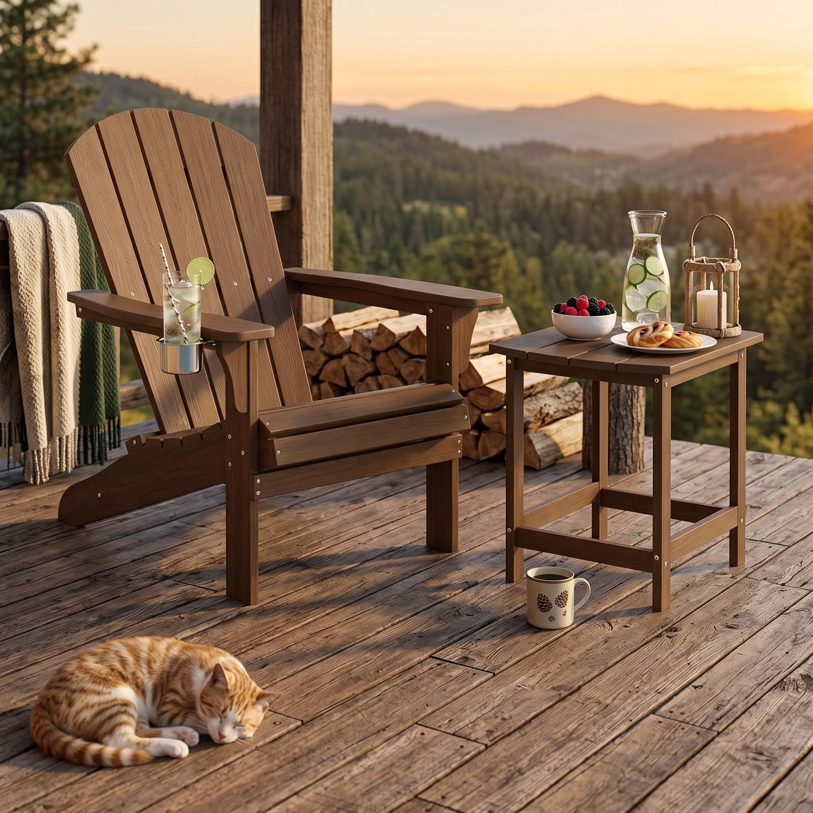 Furnibear Set of 2 18 Inch HDPE Adirondack Outdoor Side Tables with Slatted Top for the Patio Backyard and Garden, Coffee