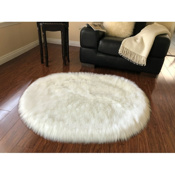 Super Soft Faux Sheepskin Silky Shag Rug, Oval, White 4'x6' Walmart