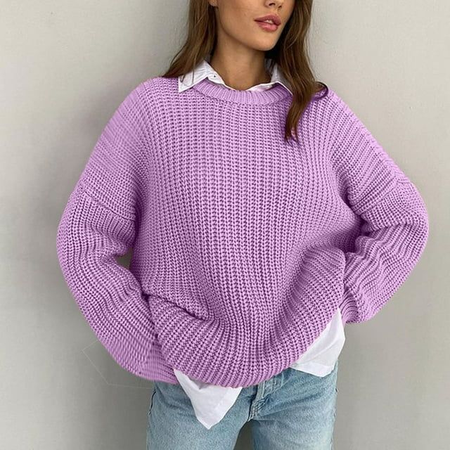 Qertyioot Chandails Tricotés pour Femmes, Nouveau Chandail pour Femmes Ample à Col Rond Uni à Manches Longues Style Décontracté