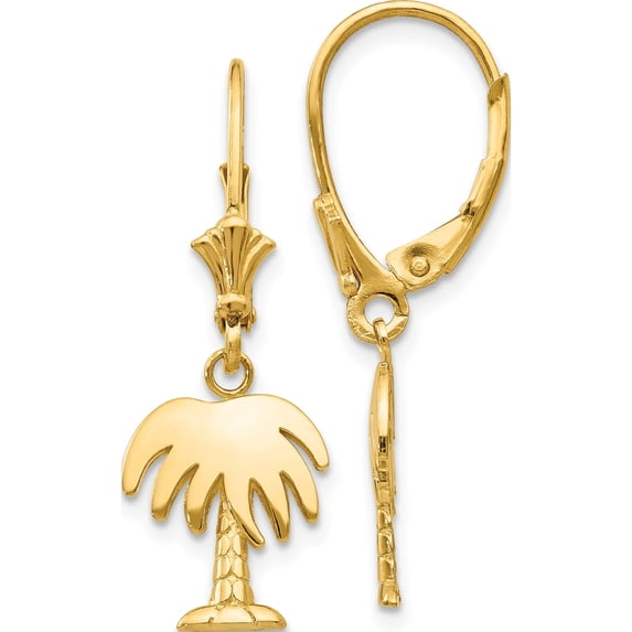 14K Yellow Gold Palm Tree Leverback Earrings (29 X 10) Made In Peru k4487