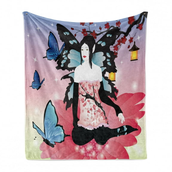 Gerber Daisy Soft Flannel Fleece Blanket, Fairy Girl with Wings on a Gerbera Blossom Butterflies in an Enchanted Garden, Cozy Plush for Indoor and Outdoor Use, 50" x 60", Multicolor, by Ambesonne