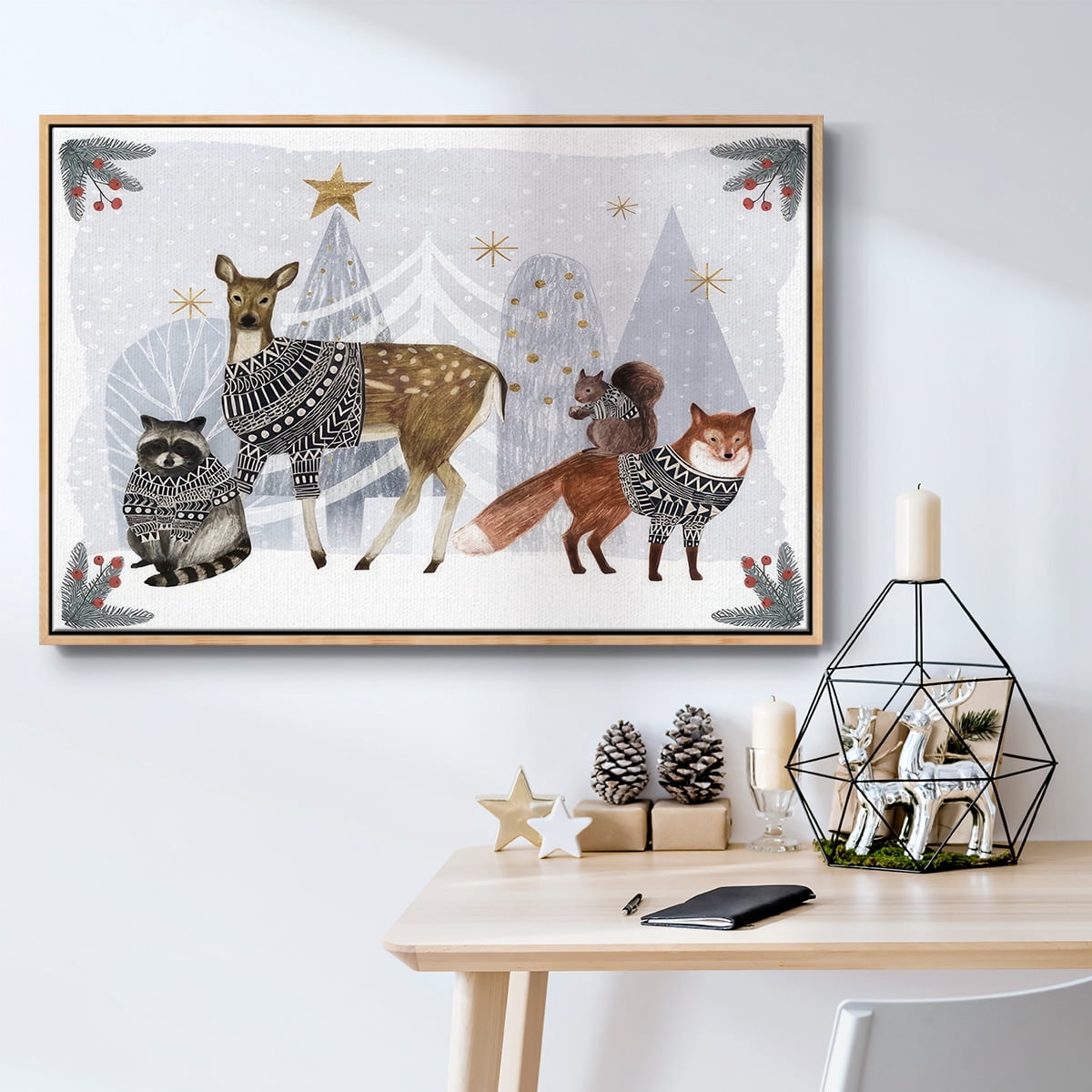 Cozy Christmas Collection A - Framed Gallery Wrapped Holiday Canvas - 27 x 41 - Natural Wood Frame