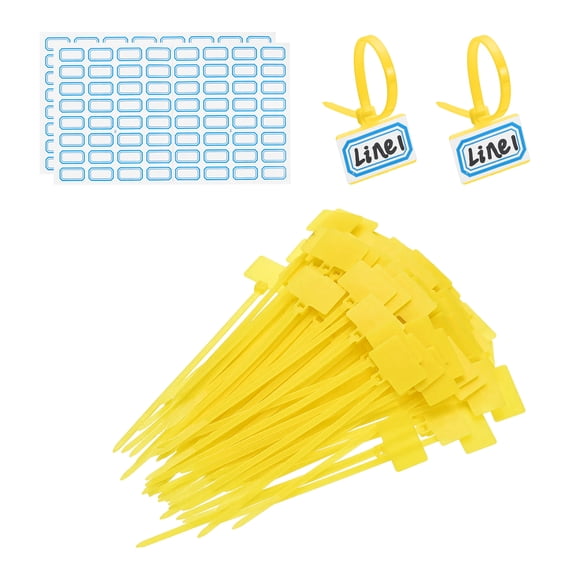 4inch Zip Ties, 100pcs Cable Ties Tags Nylon Wire Marking Label Self Locking Plastic Straps Write on with Label Tags Paper for Organization Cord Network Ethernet Marking, Yellow