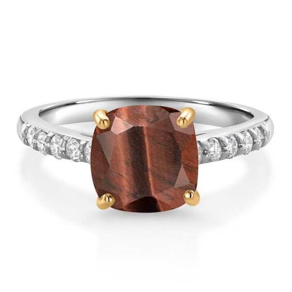 Gem Stone King 2.20 Ct Red Tiger Eye G/H Lab Grown Diamond 10K White Gold Engagement Ring with Yellow Gold Prongs (Size 9)