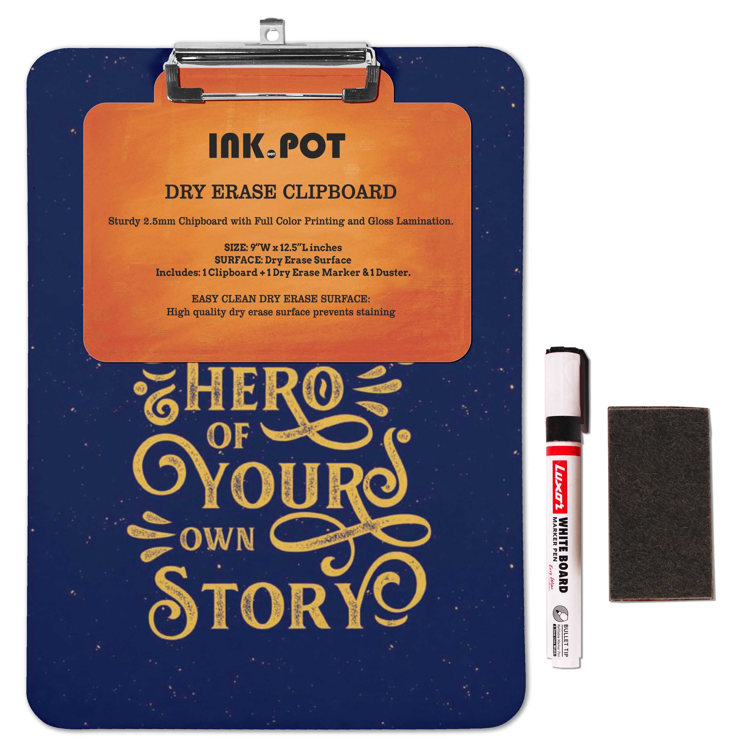 Inkdotpot Dry Erase Double Sided Dry Erase Double Sided Clipboard Letter Size Printed Paperboard Clipboard w/Low Profile Clip 9X15 With Free Marker & Duster
