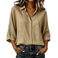 thumbnail image 2 of dazeni Oversized Button Down Shirts for Women Gauze Dressy Casual Blouses Lapel Collar 3/4 Sleeve Tops Lightweight Fall Khaki Small, 2 of 8