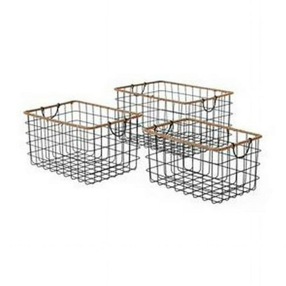 Baum 9004J Rectangular Grid Black Wire Baskets with Jute Rim & Fold Down Ear Handles, Black & Natural - Set of 3