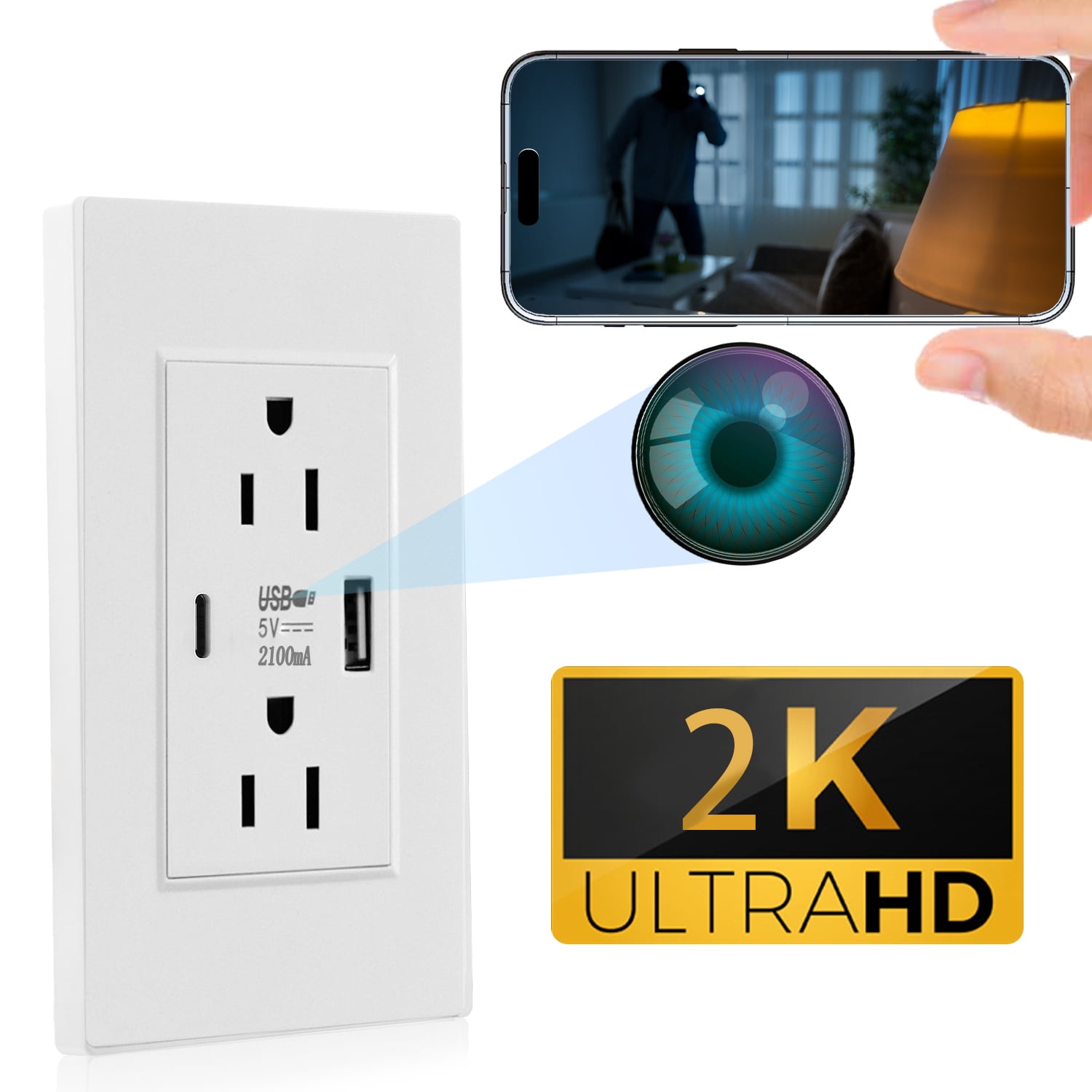 Yaoinaoou Smart Wall Outlet Camera 2K HD Indoor Security Camera with Dual AC Outlets, USB-C & USB-A Charging Ports, WiFi Remote Viewing, Motion Detection, Cloud Storage for Home and Office
