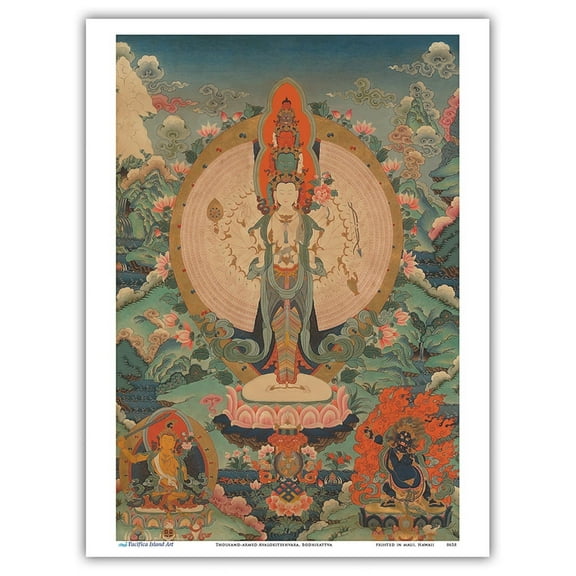 Thousand-armed Avalokiteshvara Bodhisattva - Manjushri & Dharmaraja - Vintage Tibetan Thangka Buddhist Painting - Master Art Print (Unframed) 9in x 12in