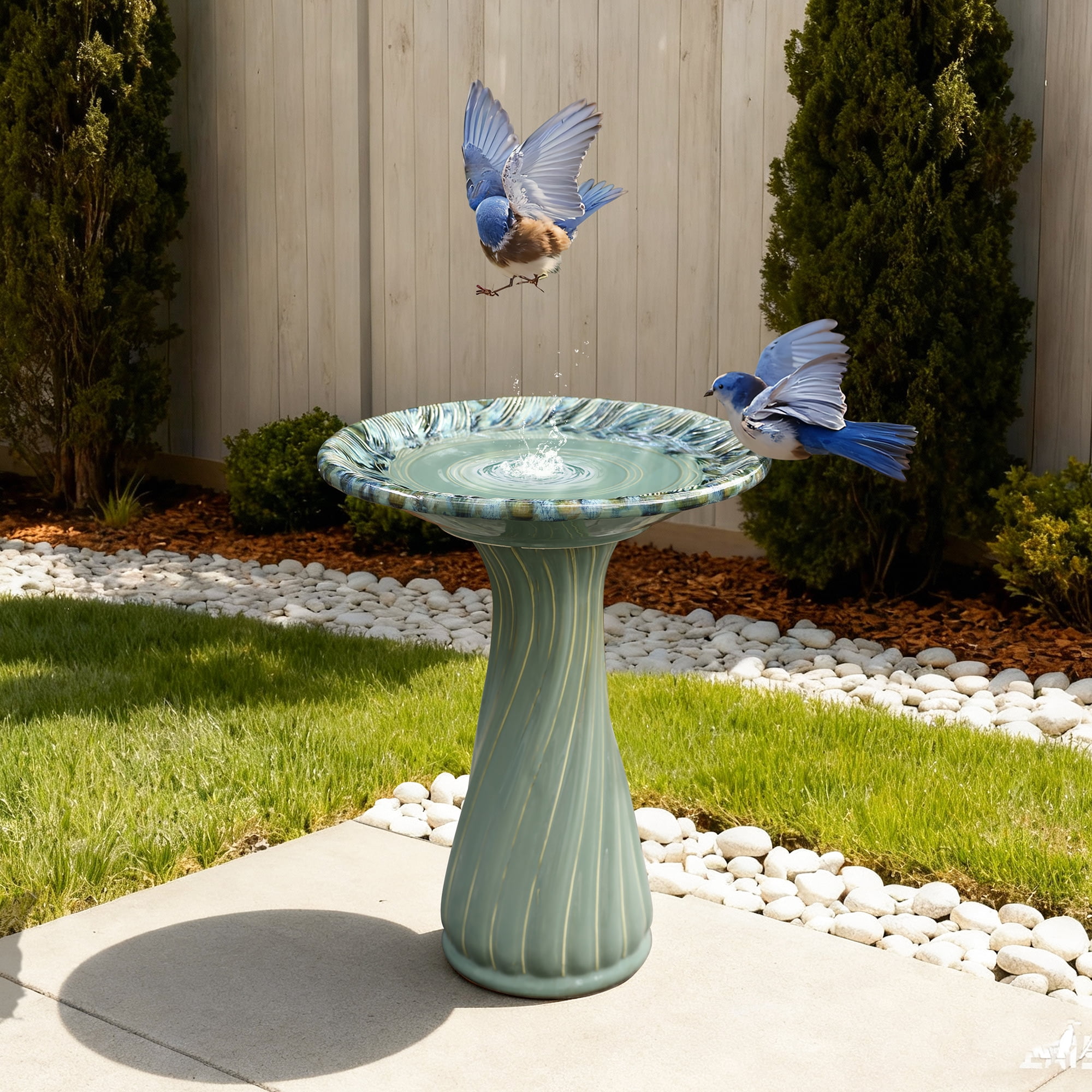 LuxenHome 22.5" Elegant Ceramic Bird Bath for Outside with Leaves and Swirl Pattern, Green