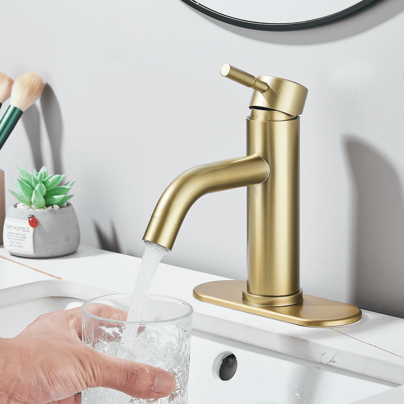 Zovajonia Brushed Gold Bathroom Faucet Single Handle 1 or 3 Holes Basin faucet with Pop Up Sink Drain Assembly and Water Faucet Supply Lines
