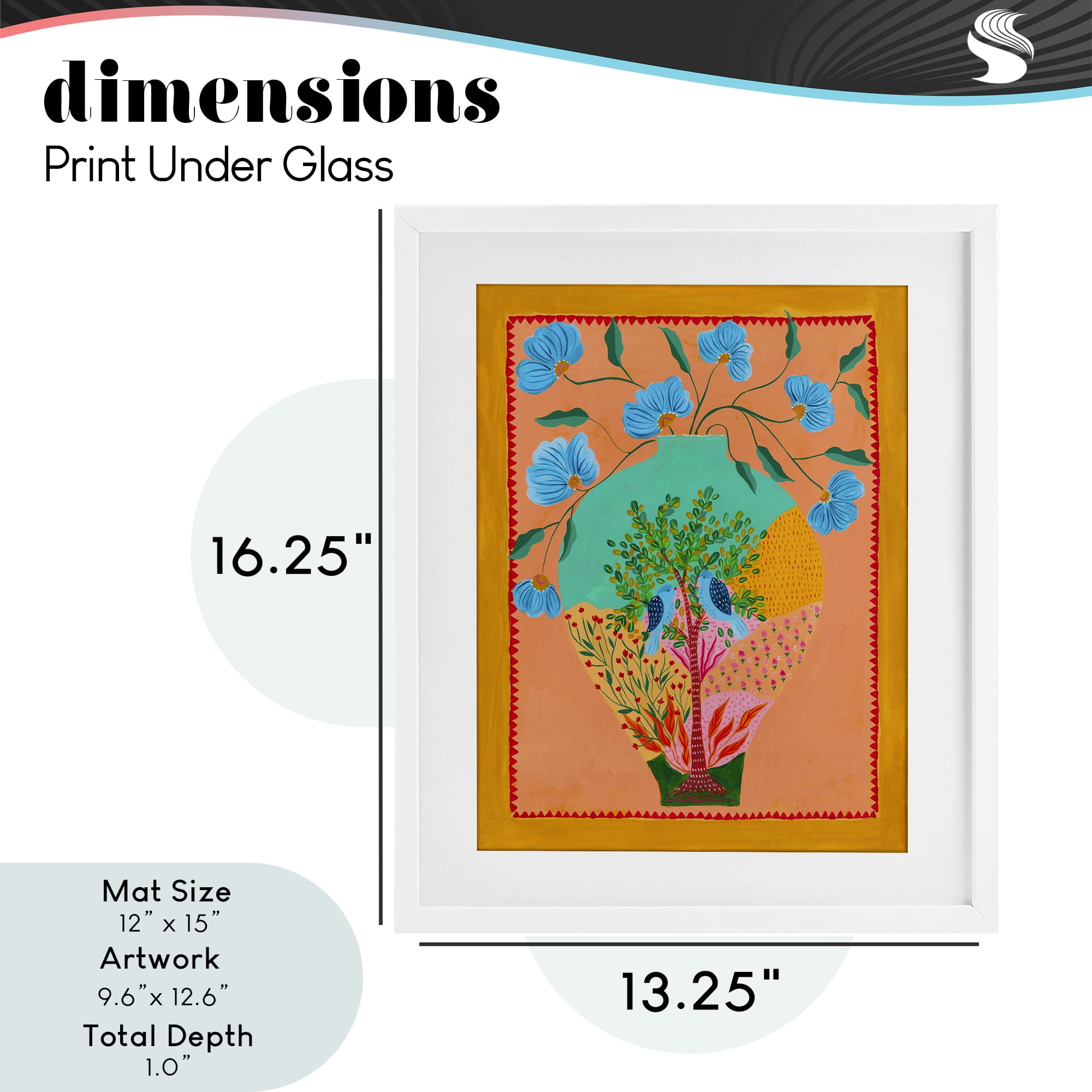 Bluebirds & Boho Flower Vase White Framed Print Under Glass, design by Nabeela Rumi