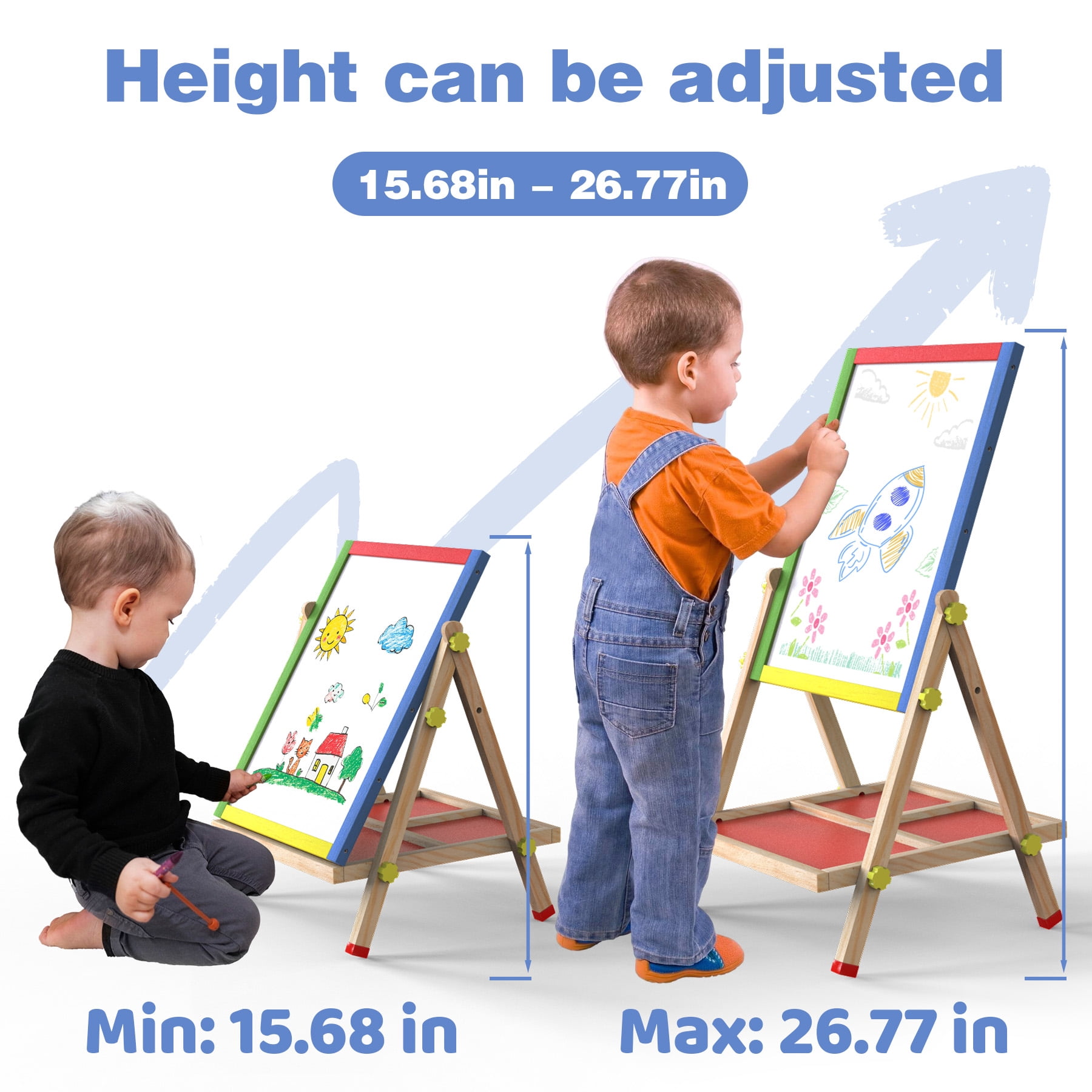 JOYOOSS 3-in-1 Kids Easel with Chalkboard & Whiteboard, Wooden Toddler Art Easel for Ages 4-12, Adjustable Magnetic Drawing Board with Markers & Eraser 105-Natural