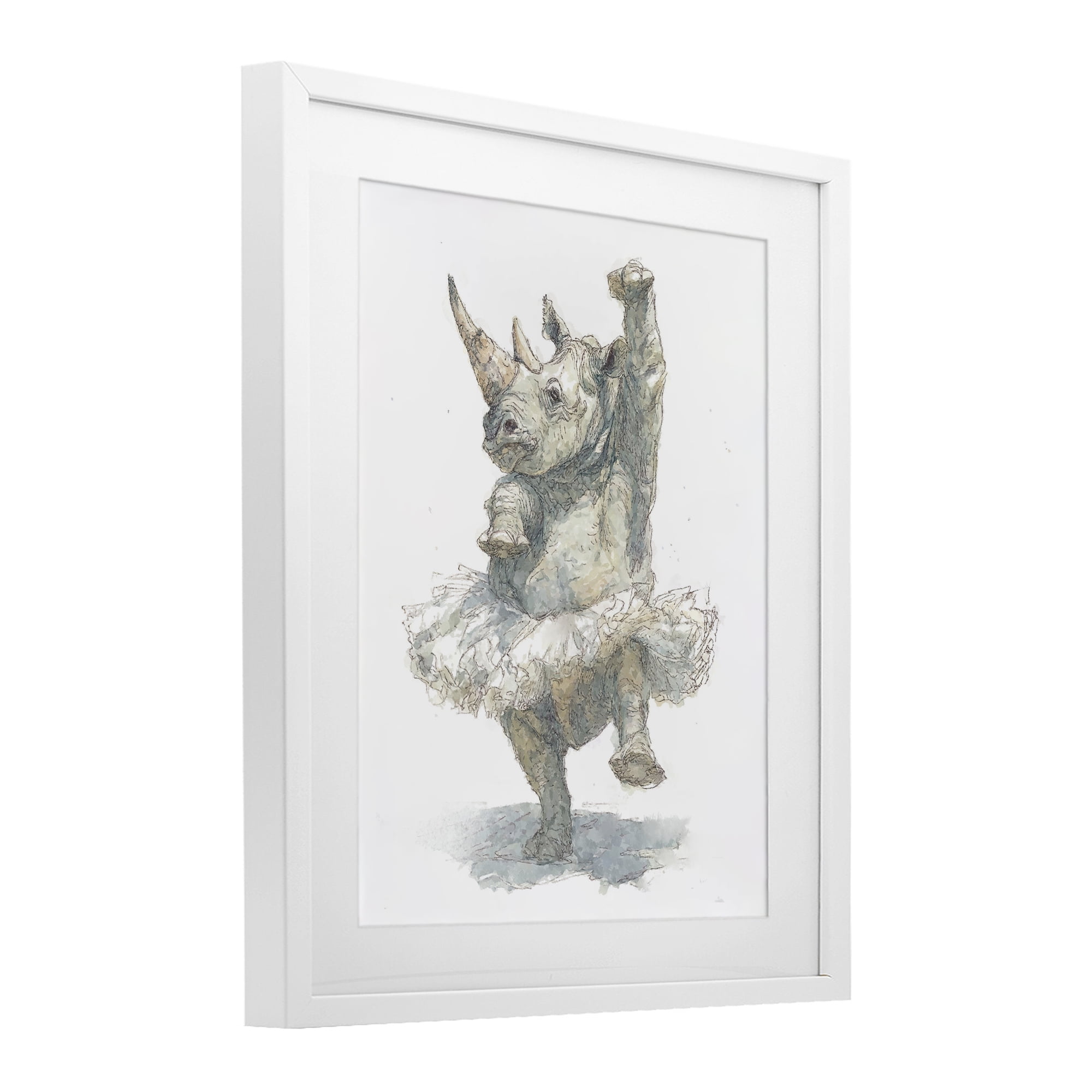 Ballet Rhino Tutu White Framed Print Under Glass, design by Ziwei Li