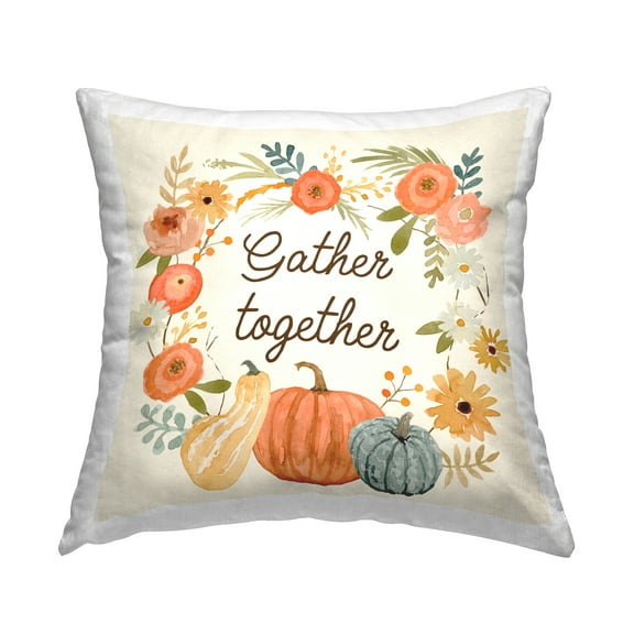 Stupell Industries Gather Together Phrase Mixed Autumnal Gourds Flowers Design by Victoria Barnes Throw Pillow