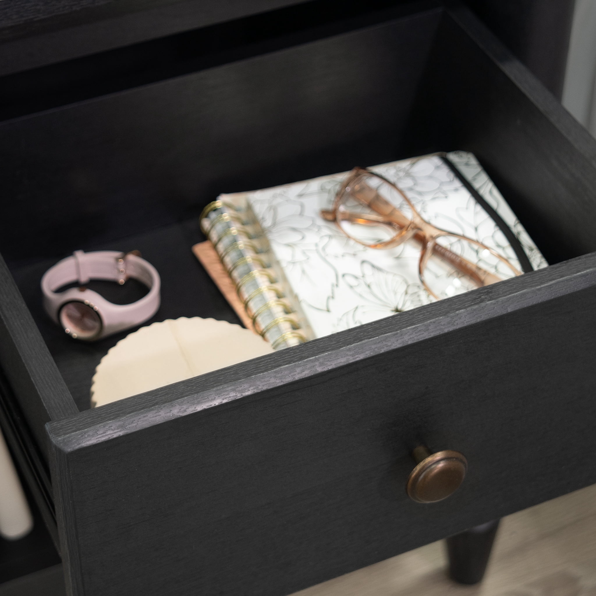 My Texas House Monroe 1 Drawer Nightstand, with USB, Black Oak Finish