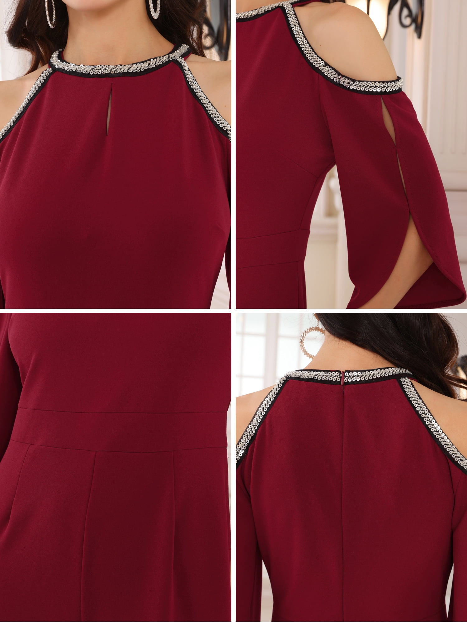 DARING DIVA Women's Dressy Jumpsuit Split Sleeve Wide Legs Cocktai L Wine Red