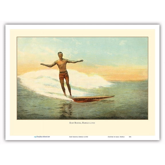 Surf Riding Hawaii - Vintage Hawaiian Color Postcard c.1910 - Master Art Print (Unframed) 9in x 12in