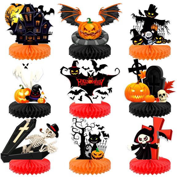 Spooky Ghost Pumpkin Cat Honeycomb Table Centerpieces - Set of 9 - Halloween Table Decorations - Haunted House Party Supplies