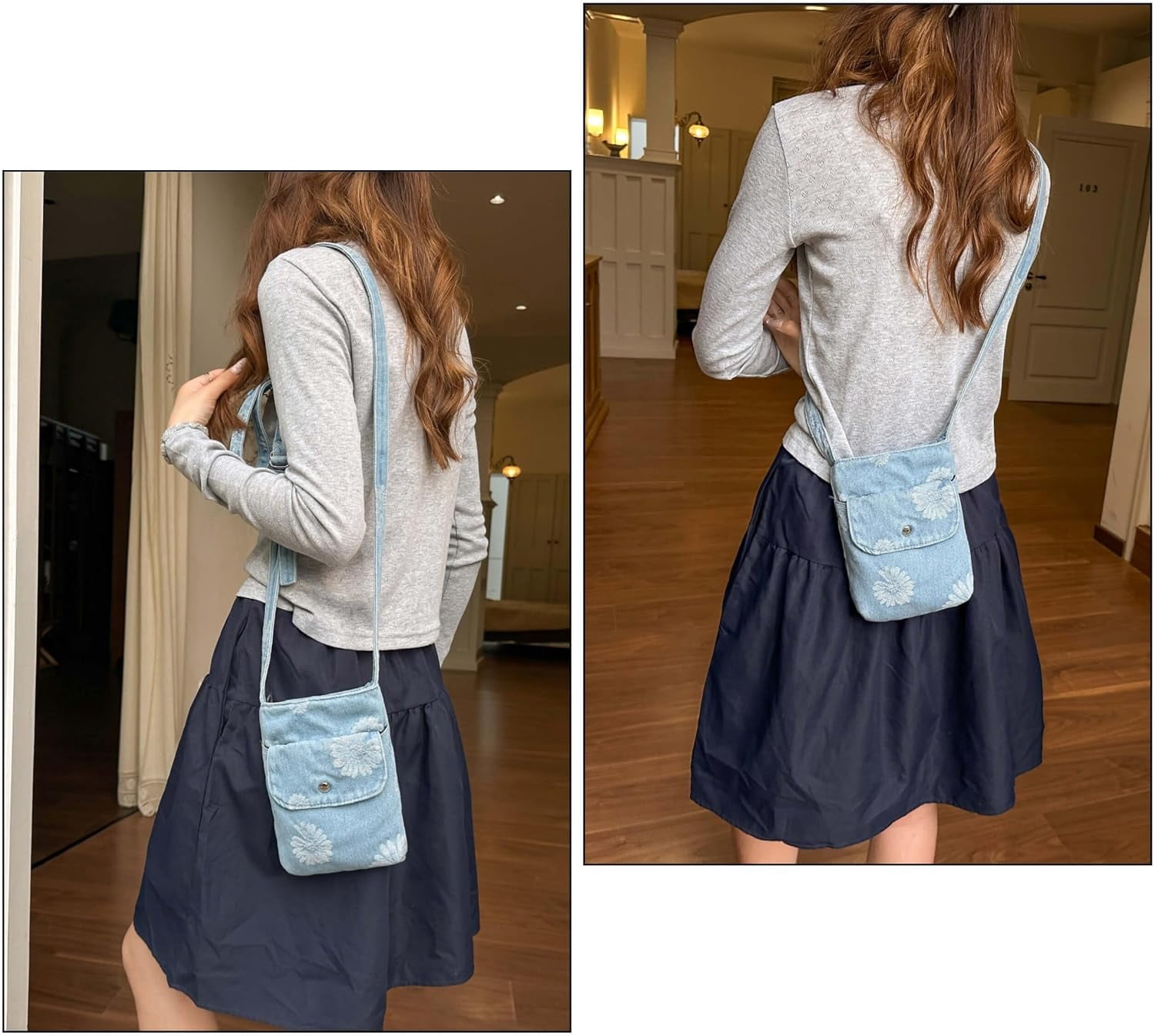 Sunyuer Women Vintage Denim Mini Crossbody Bag, Cute Daisy Floral Embroidery Cell Phone Purse, Lightweight Casual Shoulder Handbag with Adjustable Strap for Daily Travel Shopping