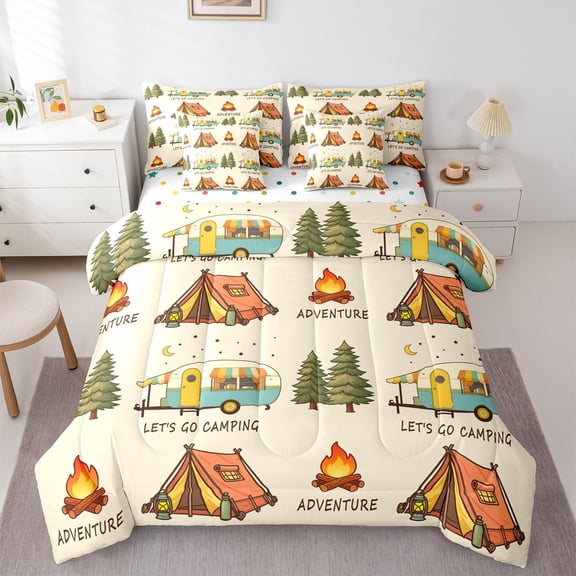 Manfei Kawaii Rv 7-Piece Twin Bedding,Cute Camping Print Bedding Comforter Set,Beige,Polkadot Reversible