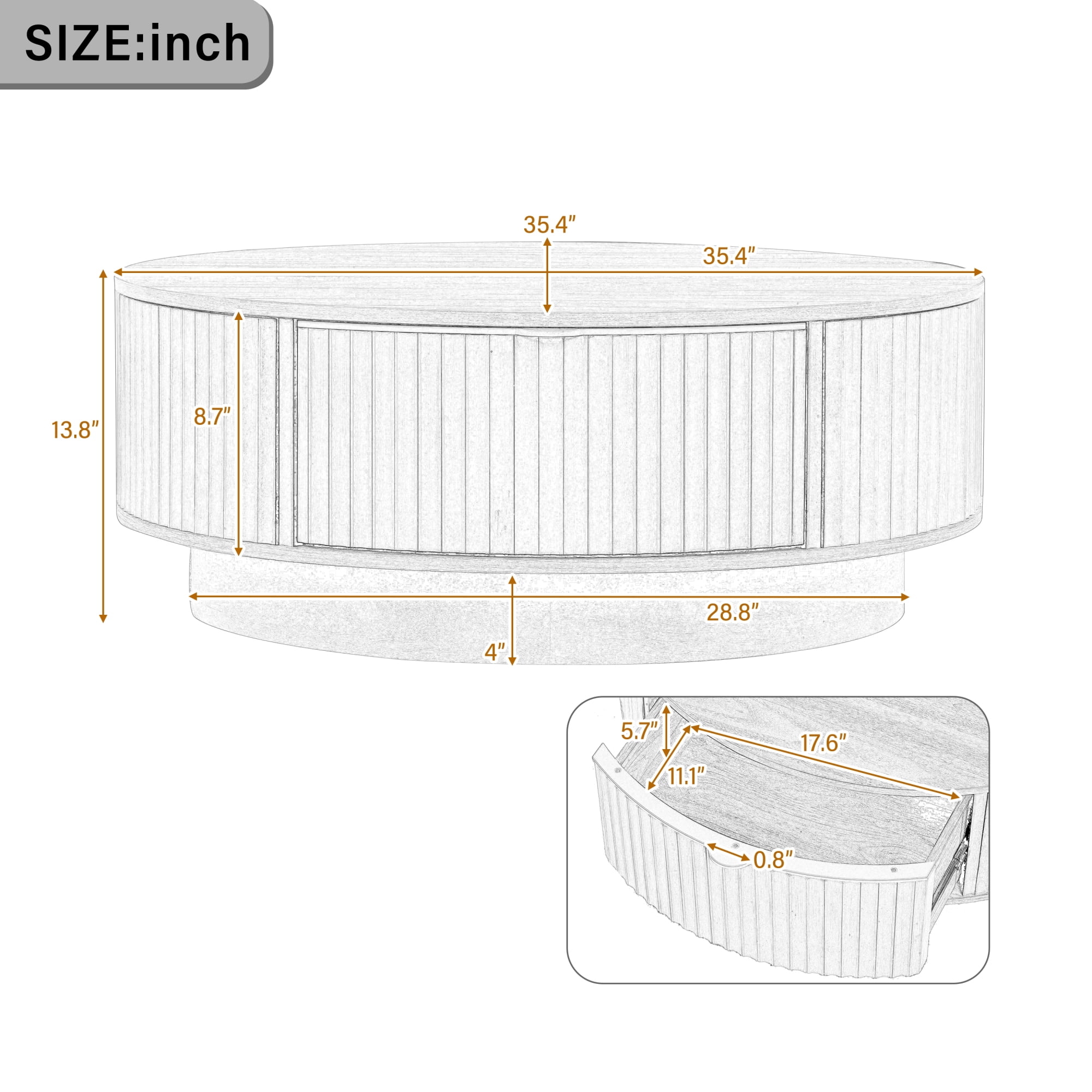 Leumius Round Coffee Table with Storage Drawer, Modern Fluted Coffee Table with Golden Handle, Wood Center Table for Living Room Black