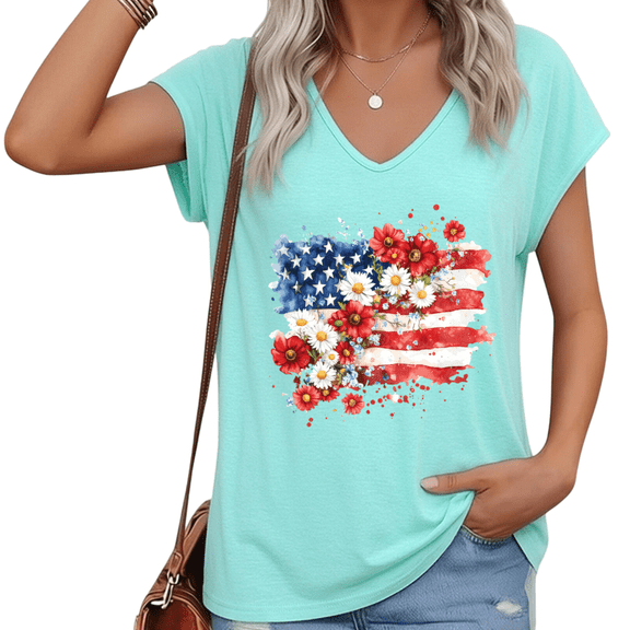 UNISHE Women Blue American Flag Patriotic Floral V-Neck Short Sleeve T-Shirt Casual S-5XL