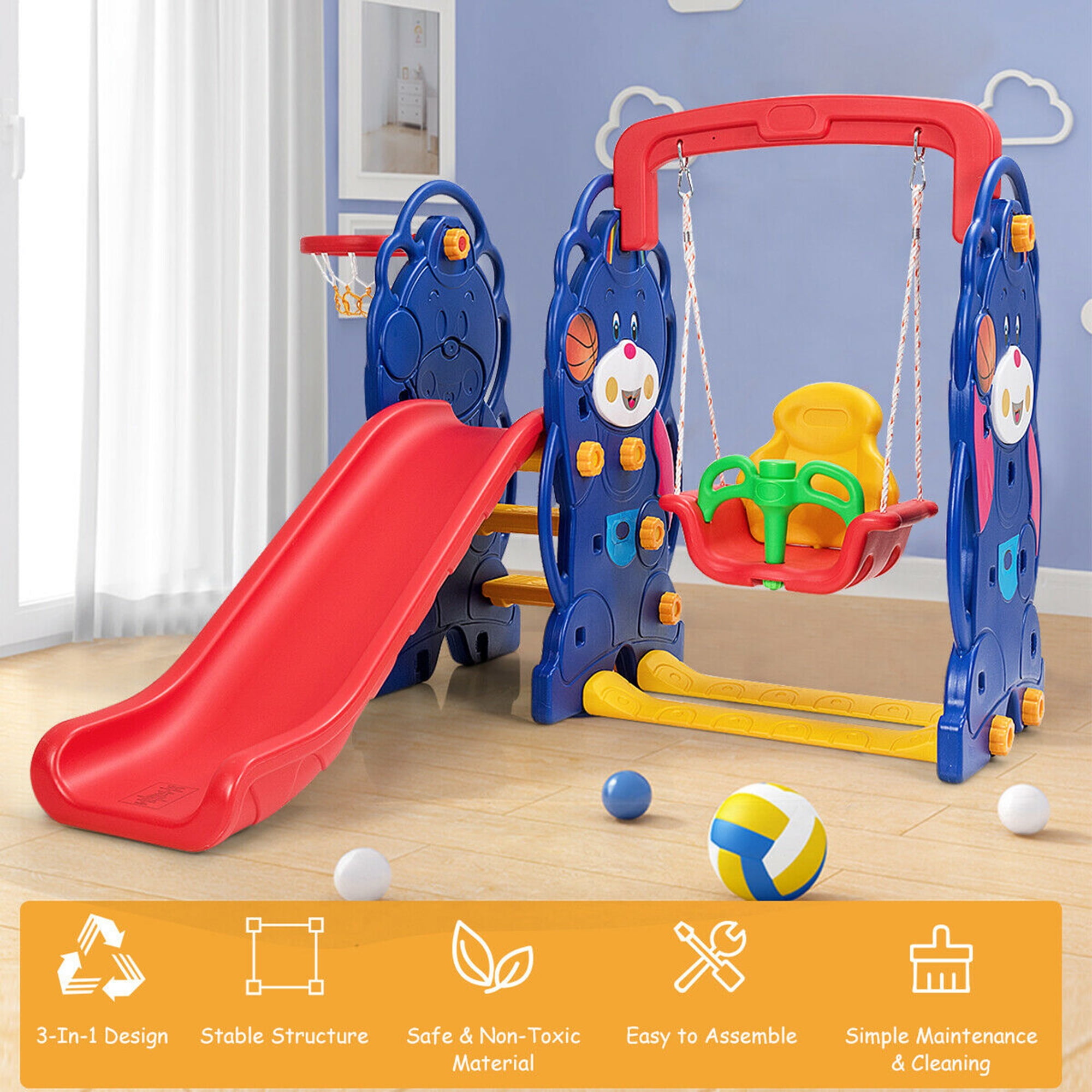 Mosunx 3 in 1 Climber Slide Playset w/Basketball Hoop Swing 1-6 Years Old, Orange Toddler Climber and Swing Set for Both Indoors & Backyard Easy Climb Stairs 