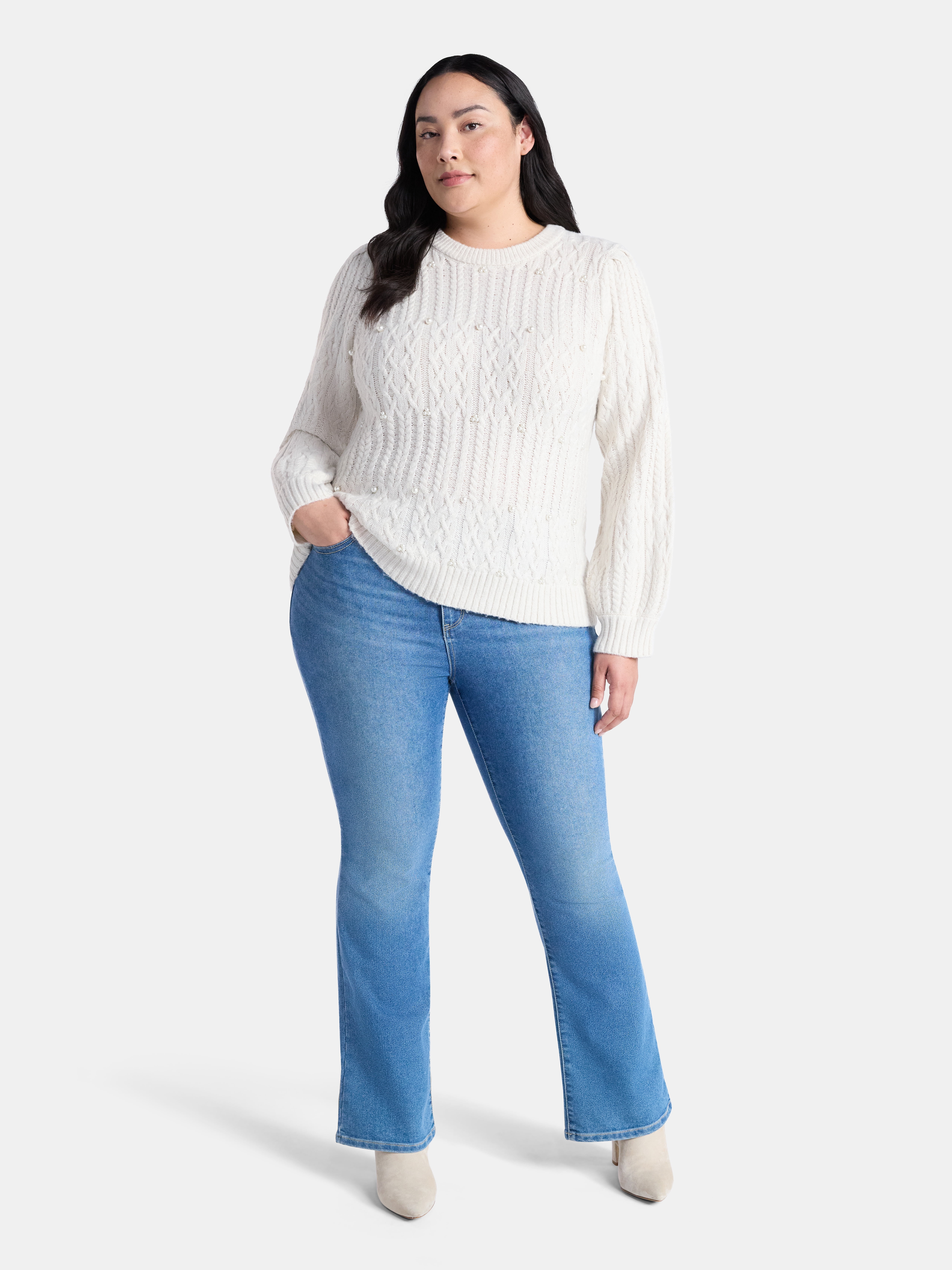 Terra & Sky Women’s Plus Cable Knit Sweater with Faux Pearls, Lightweight, Sizes 0X-5X
