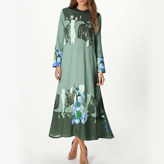 Kilaqueen Loose Fitness Abaya for Women Casual Long Sleeve Printed Maxi Dresses Lady Muslim Robe Crew Neck Lightweight A Line Dresses for Women