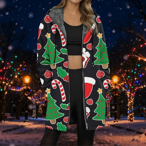 Womens Jacket Longline Jackets Christmas Print Winter Cozy Lined Full Zip Outerwear for Cold Weather Winter Coats for Women Black L