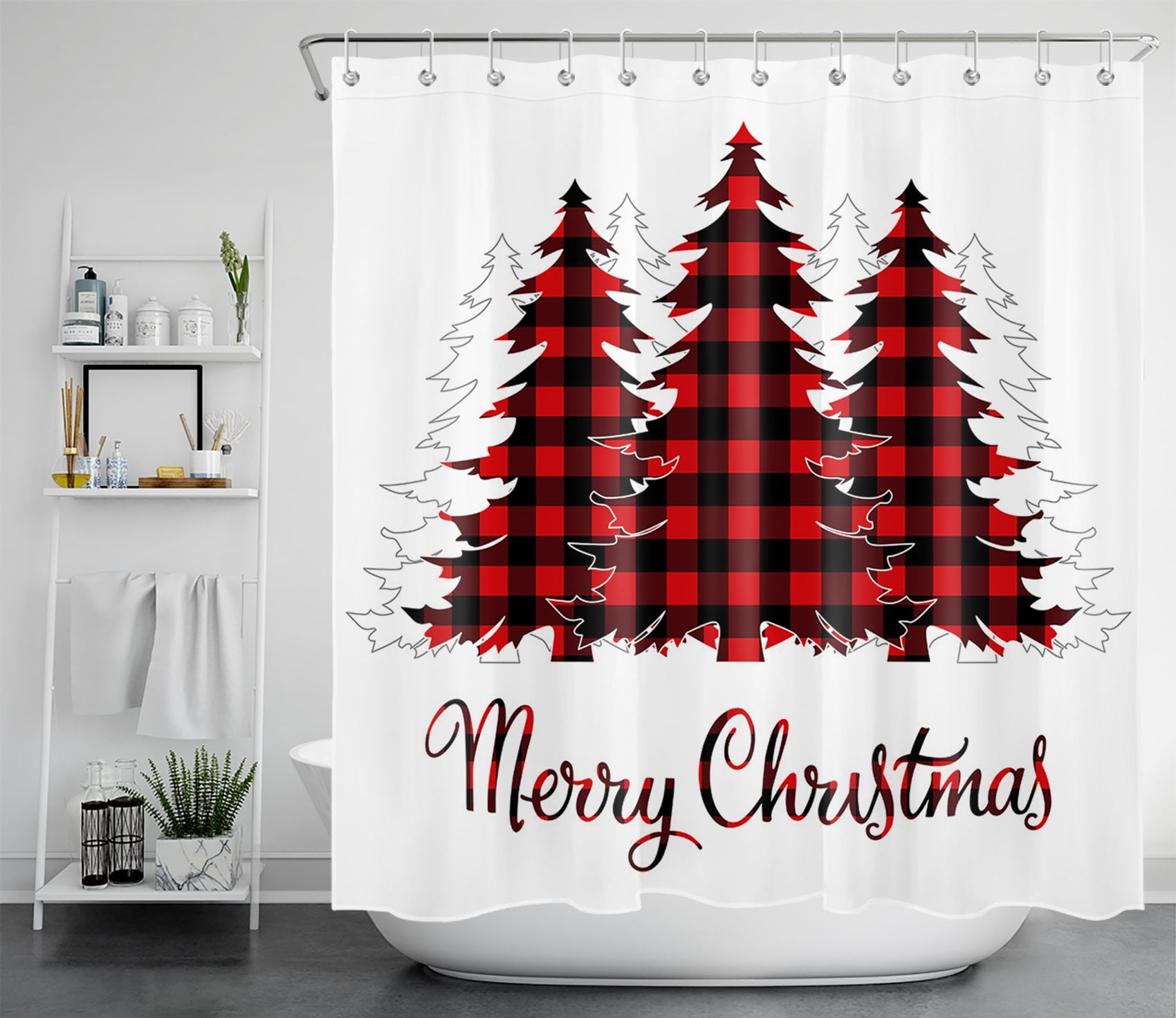 HVEST Merry Christmas Shower Curtain,Red and Black Checkered Xmas Tree Bathroom Shower Curtain with Hooks Winter Rustic Polyester Waterproof Fabric Bath Decor Accessories 72x78 Inches