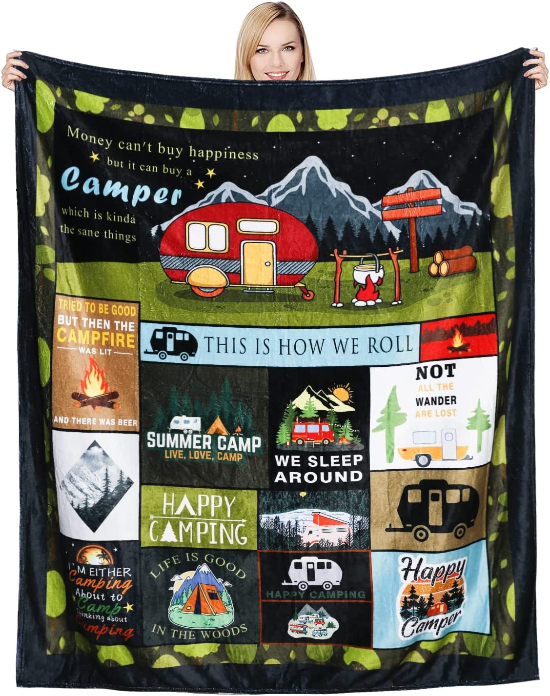 Happy Camper Fuzzy Flannel Blanket Soft Lightweight Camping Blanket for