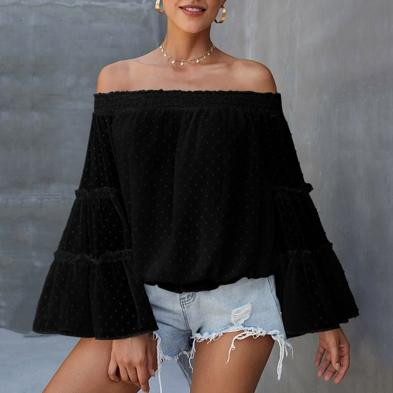 JDEFEG Women's Layering Tees Women Fashion Flared Long Sleeve Chiffon Off  The Shoulder Cut Out Loose Top Casual Shirts for Women Long Sleeve  Polyester