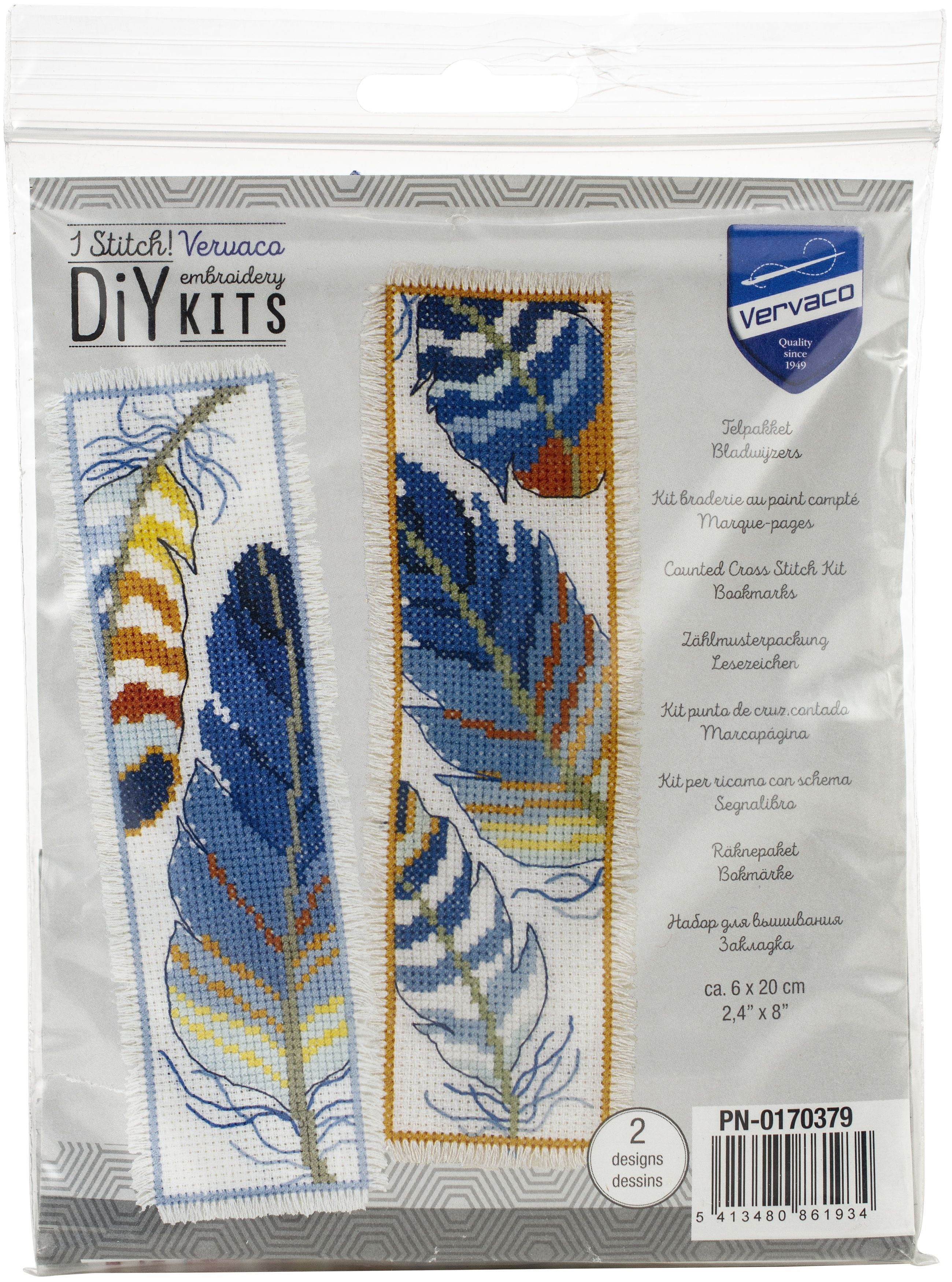 Set of 2 2.4" x 8" Vervaco Cross Stitch Bookmark Blue Feathers 