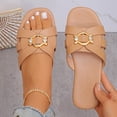 thumbnail image 2 of Gpaecead Women Metal Ornament Cross Strap Flat Slides Square Open Toe Faux Leather Breathable Beach Slippers, Khaki, 2 of 8