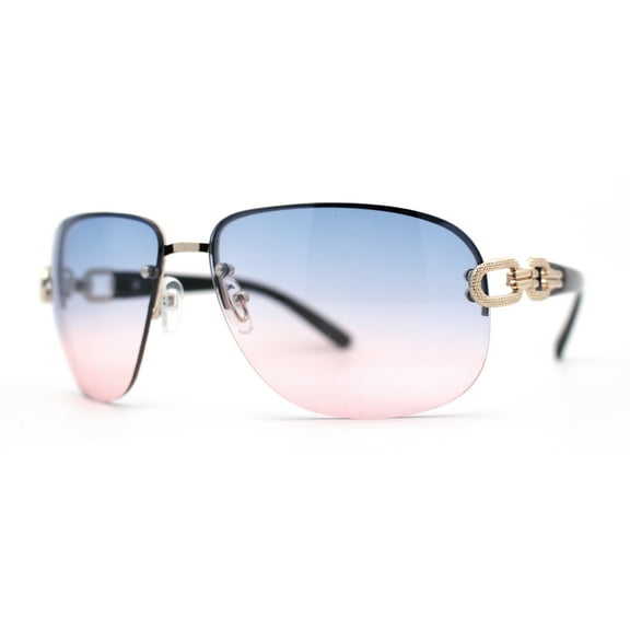 Womens Classic 90s Rimless Jewel Chain Arm Round Wrap Sunglasses Gold Blue Pink