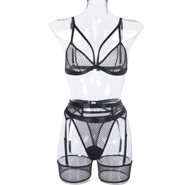 Conjunto de tres piezas divertido para mujer, de encaje suave y cómodo, de malla con perspectiva para mujer, estilo europeo y americano