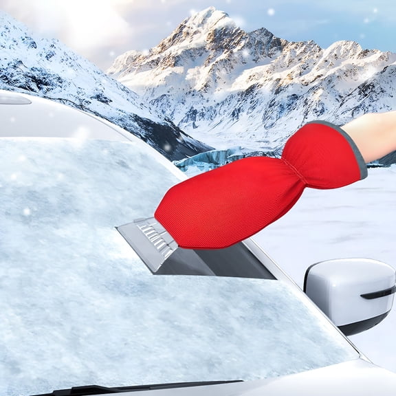 FACEGA Winter Car Snow Shovel & Scraper with Glove, Multi-Function Ice Remover Tool for Windshield Defrosting, Ergonomic Foam Grip, Durable ABS, Comfortable Fleece-Lined Mittens -Red
