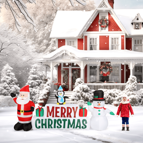 Alvantor 9.8 Ft Wide Lighted Santa and Snowman Christmas Inflatable with Merry Christmas Sign
