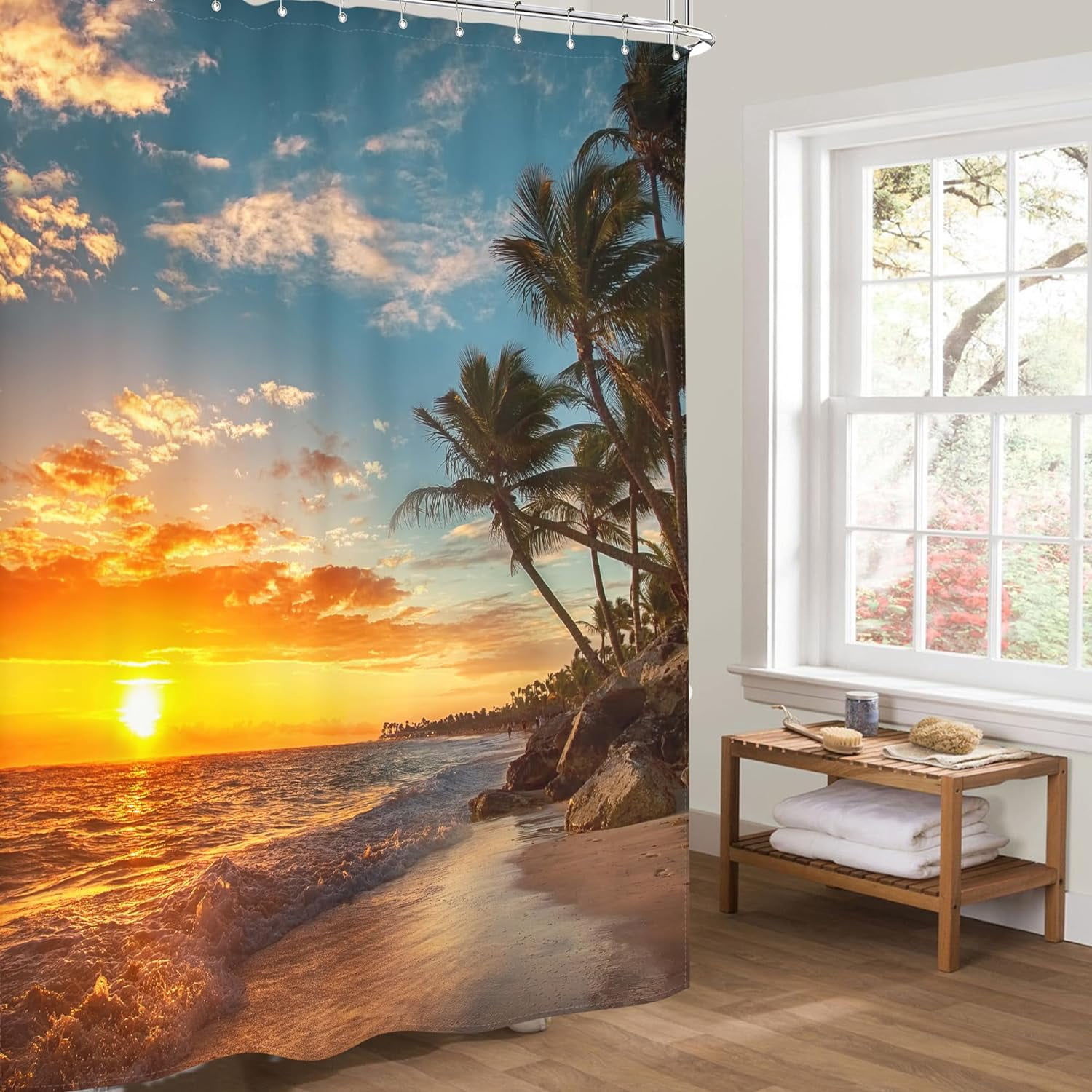 Hawaiian Coastal Beach Shower Curtain Tropical Palm Tree Hawaii Sunset Sunrise Sea Ocean Wave 72Wx72H Inch Seaside Landscape Nature Fabric Decor Bathroom Polyester Waterproof 12 Pack Hooks