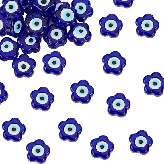 33Pcs Flower Glass Beads Dark Blue Charms Glass Lampwork Bead Strands Flat Loose Beads Small Spacer Bead for DIY Crafts Jewelry Making Hole: 1.6mm