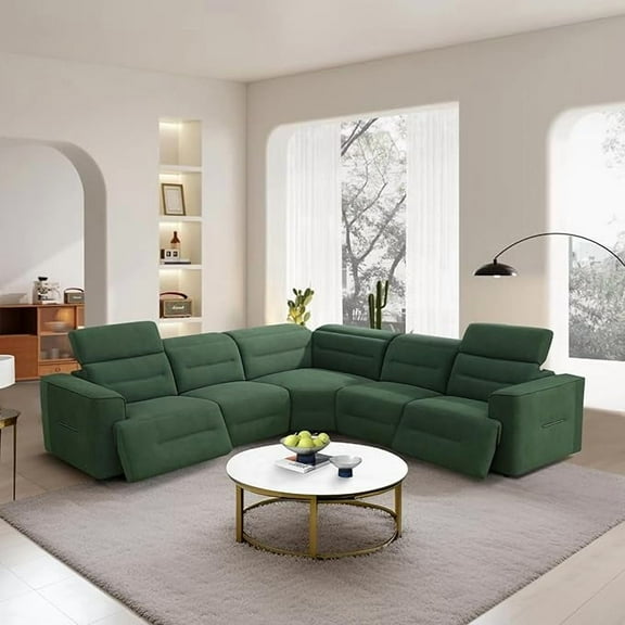 Power Recliner Sectional Sofa, L-Shaped Living Room Furniture Set, Green Flannel Reclining Sectional Couch with USB Ports (5 Seater)