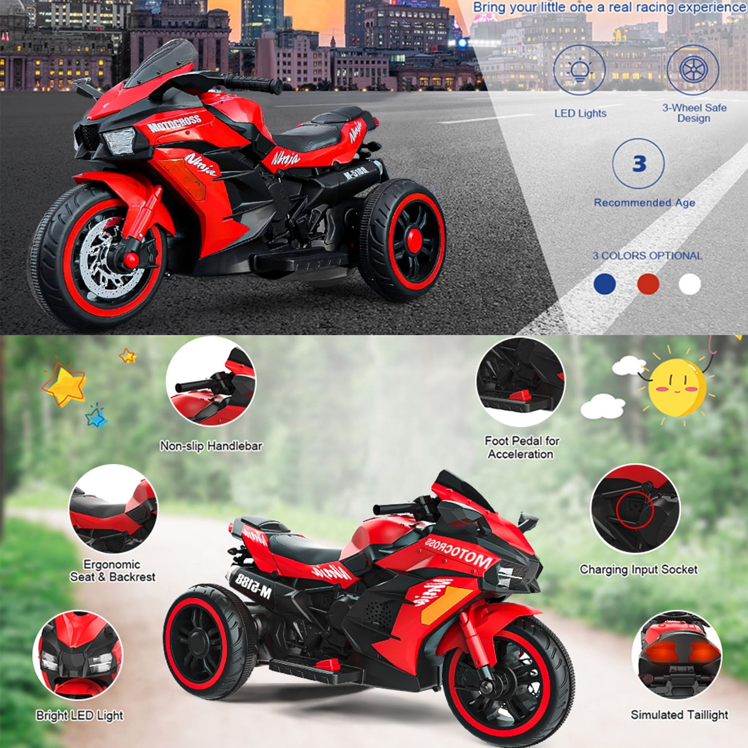 CIPACHO 12V Powered Ride Ons Electric Battery 3Wheel Motorbike Kids Rechargeable Toy Car with Upgrade the Luminous Wheel, RED