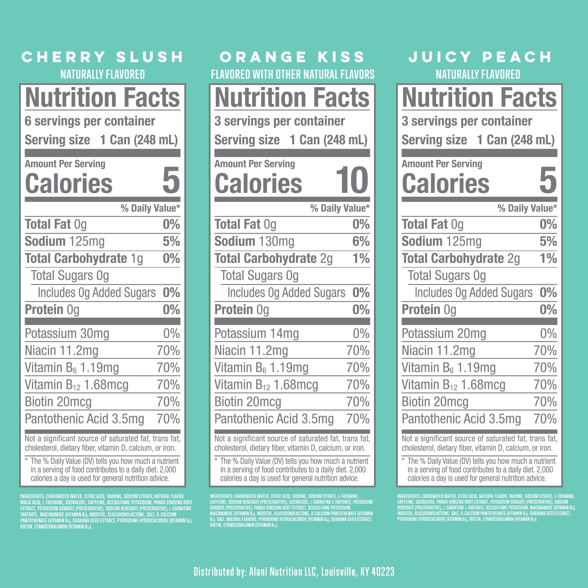 Alani Nu, Mini Variety Pack Cherry Slush, Juicy Peach, Orange Kiss, 8.4 fl oz, pack of 12