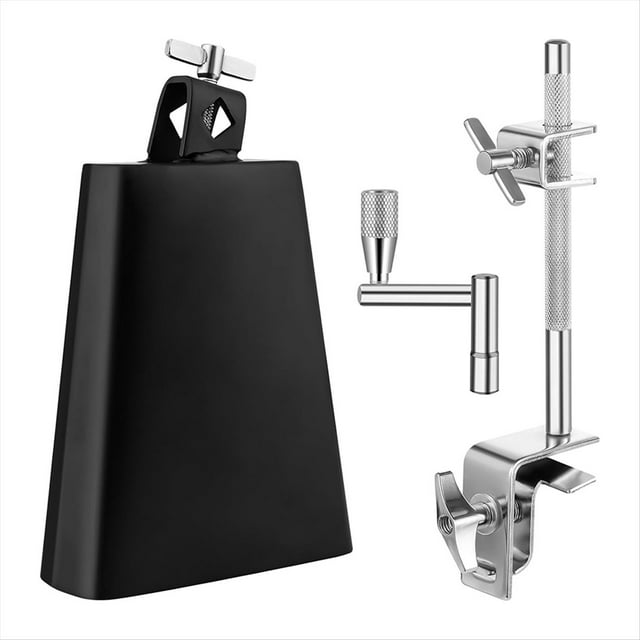 6 Inch Cowbell and Cowbell Clamp, Adjustable Standard Cowbell Mount Holder, Percussion Accessory, Drum Key,1 * Cowbell Clamp 1 * Cowbell 1 * Drum Key,Black & Silver