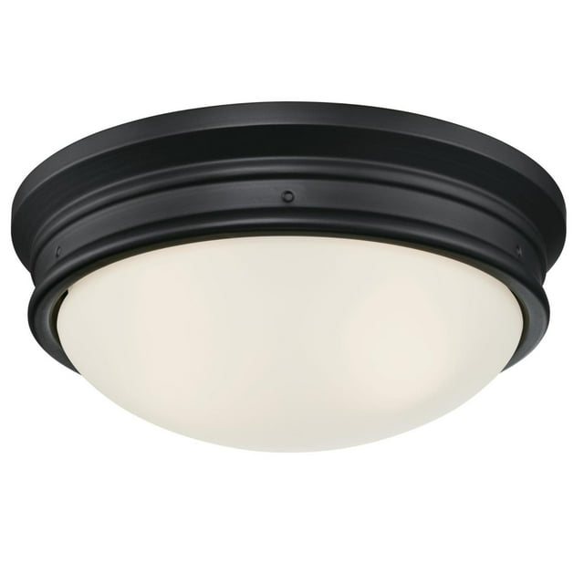 Westinghouse Lighting Meadowbrook two-light indoor flush-mount ceiling fixture with black metal frame and frosted glass dome